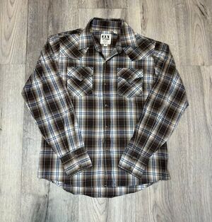 Ely Cattleman Shirt youth Boys Size Medium Pearl Snap Brown Plaid Western
